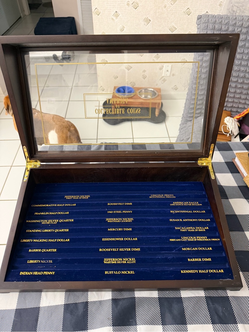 Collector Coins of America Display Case - BrownWooden Frame Blue Felted interior - Picture 7 of 10
